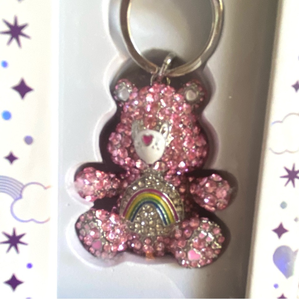 Care Bears Rainbow White and Pink crystal keychain bag charm new in box